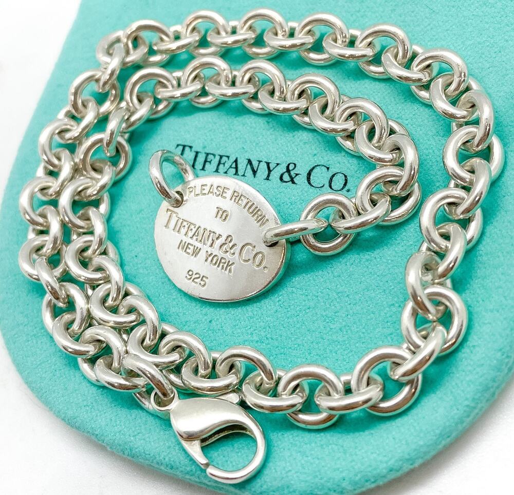 Tiffany & Co. Return To Sterling Silver Oval Tag Choker Pendant Necklace 15"